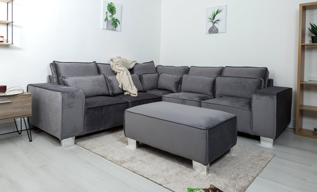 sloane large double corner sofa plush velvet grey and footstool