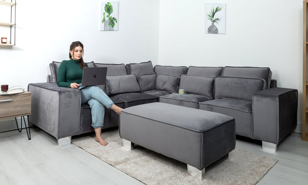 sloane large double corner sofa plush velvet grey and footstool