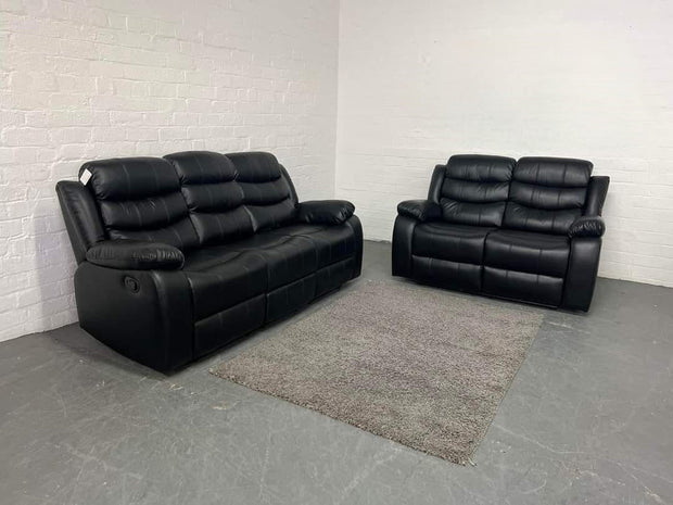 3+2 Sorrento Leather Recliner Sofa with Cupholders (Black)
