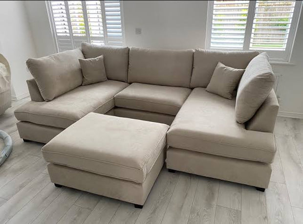 Carnaby Small U Shape Sofa with Footstool  [ Cream plush ]