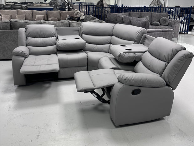 Roma Leather Corner Recliner with Cupholders (Light Grey)