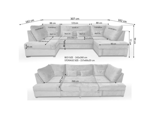 Meridian U Shape Sofa Bed with Storage Mink Plush Velvet