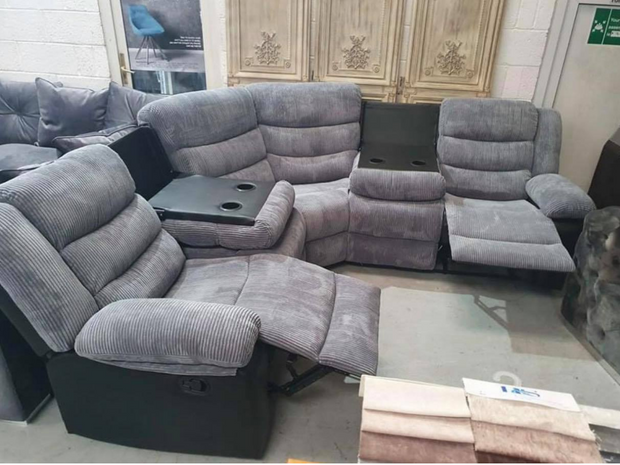Rio Cord Leather Recliner Corner Sofa Grey Black