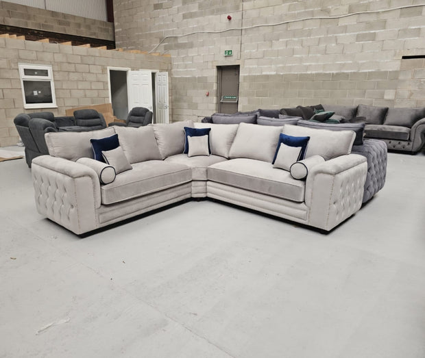Zara Chesterfield Corner Sofa (Silver Plush Velvet)| sofa hub