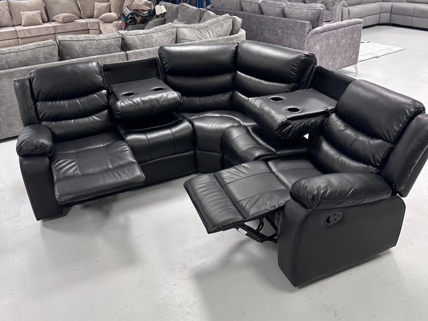 Roma Leather Corner Recliner with Cupholders (Black)