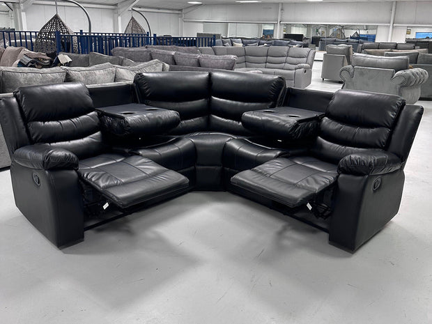 Sorrento Leather Corner Recliner with Cupholders (Black)