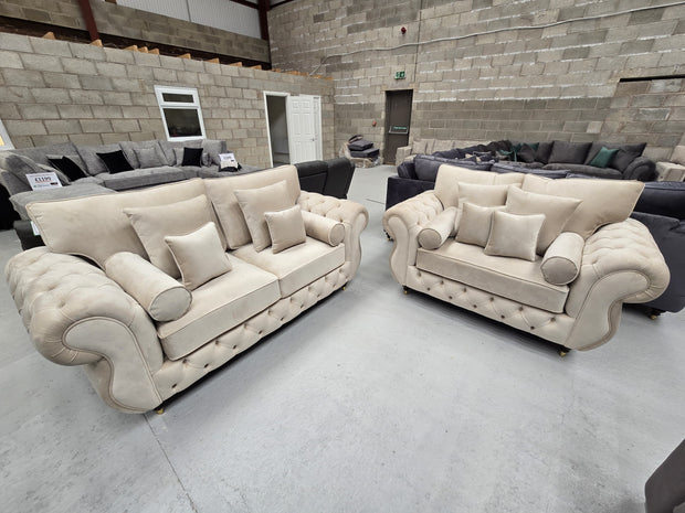 3+2 Seater Rio Chesterfield Sofa Set  - Cream Plush Fabric