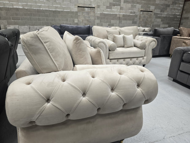 3+2 Seater Rio Chesterfield Sofa Set  - Cream Plush Fabric