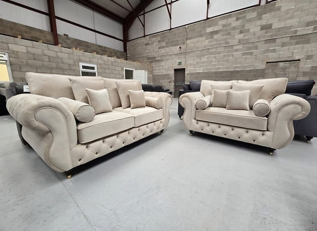 3+2 Seater Rio Chesterfield Sofa Set  - Cream Plush Fabric