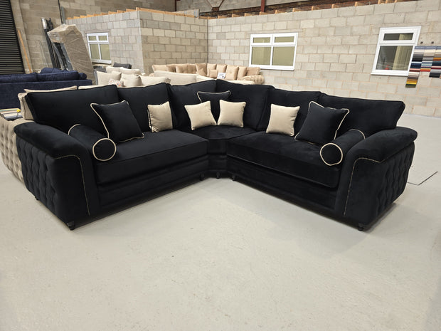 Zara Chesterfield Corner Sofa -  Black Plush Fabric | sofa hub