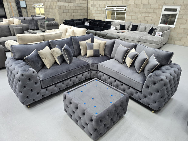 Ashton Chesterfield Corner Sofa -  Steel Plush Fabric