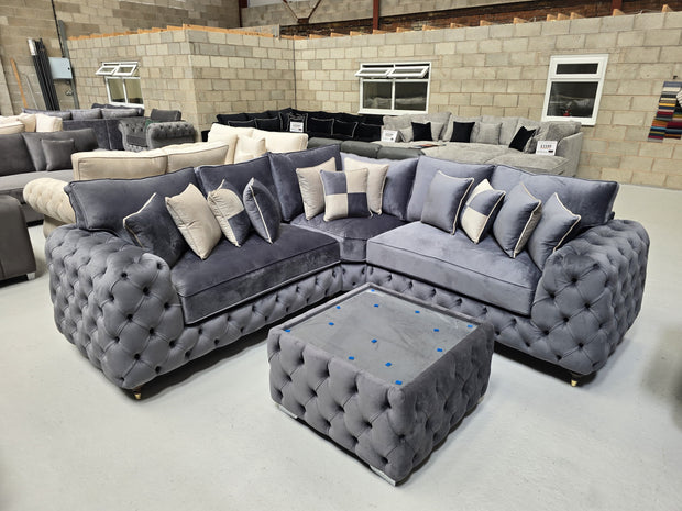 Ashton Chesterfield Corner Sofa -  Steel Plush Fabric