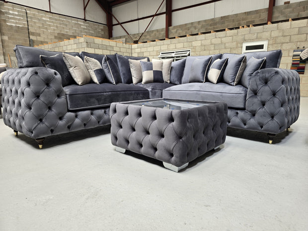 Ashton Chesterfield Corner Sofa -  Steel Plush Fabric